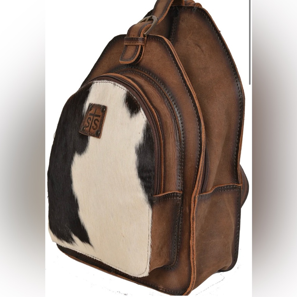 STS Ranchwear Brown and White Backpack with Unique Cowhide Design
